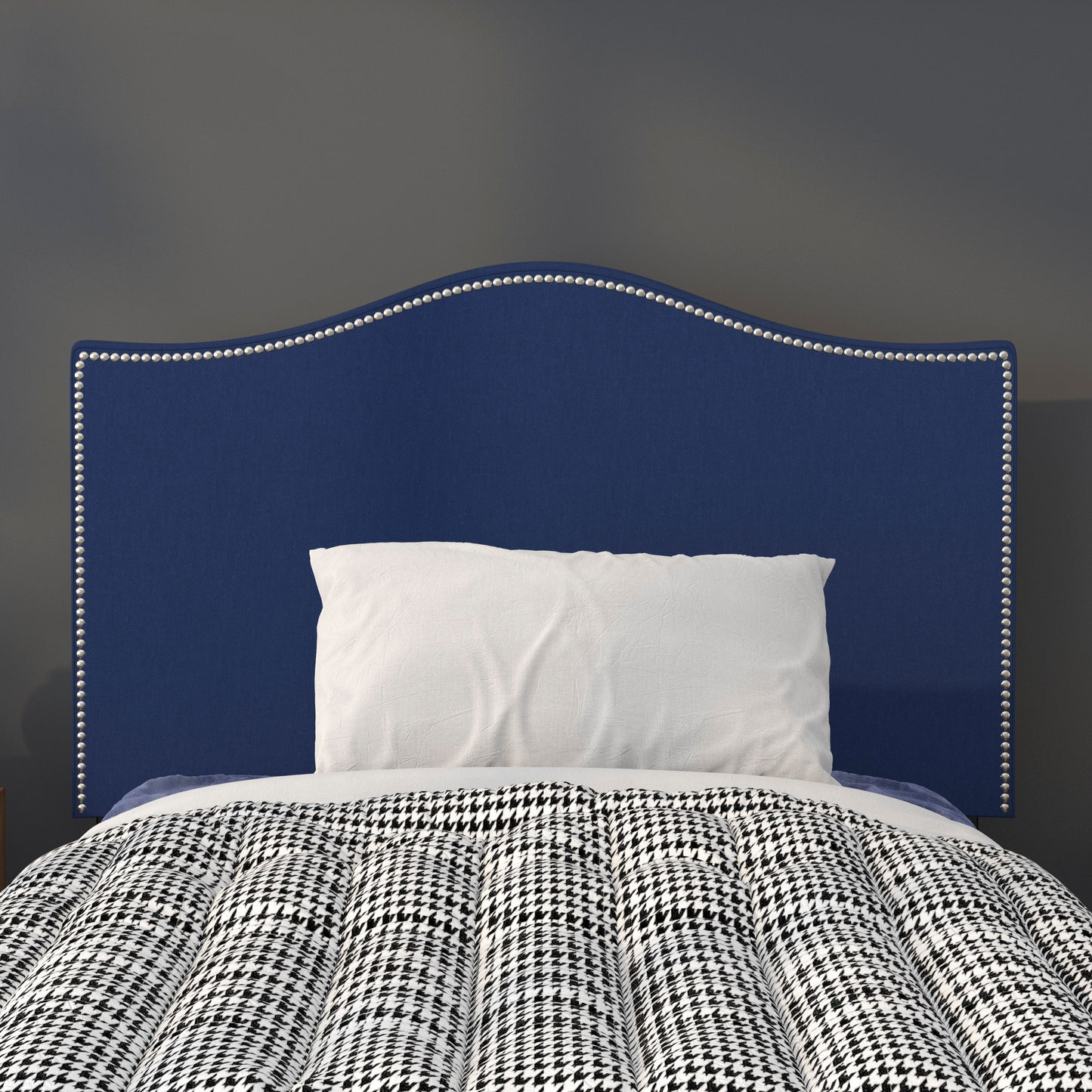 Lexington Upholstered Twin Size Headboard with Accent Nail Trim in Navy Fabric Navy