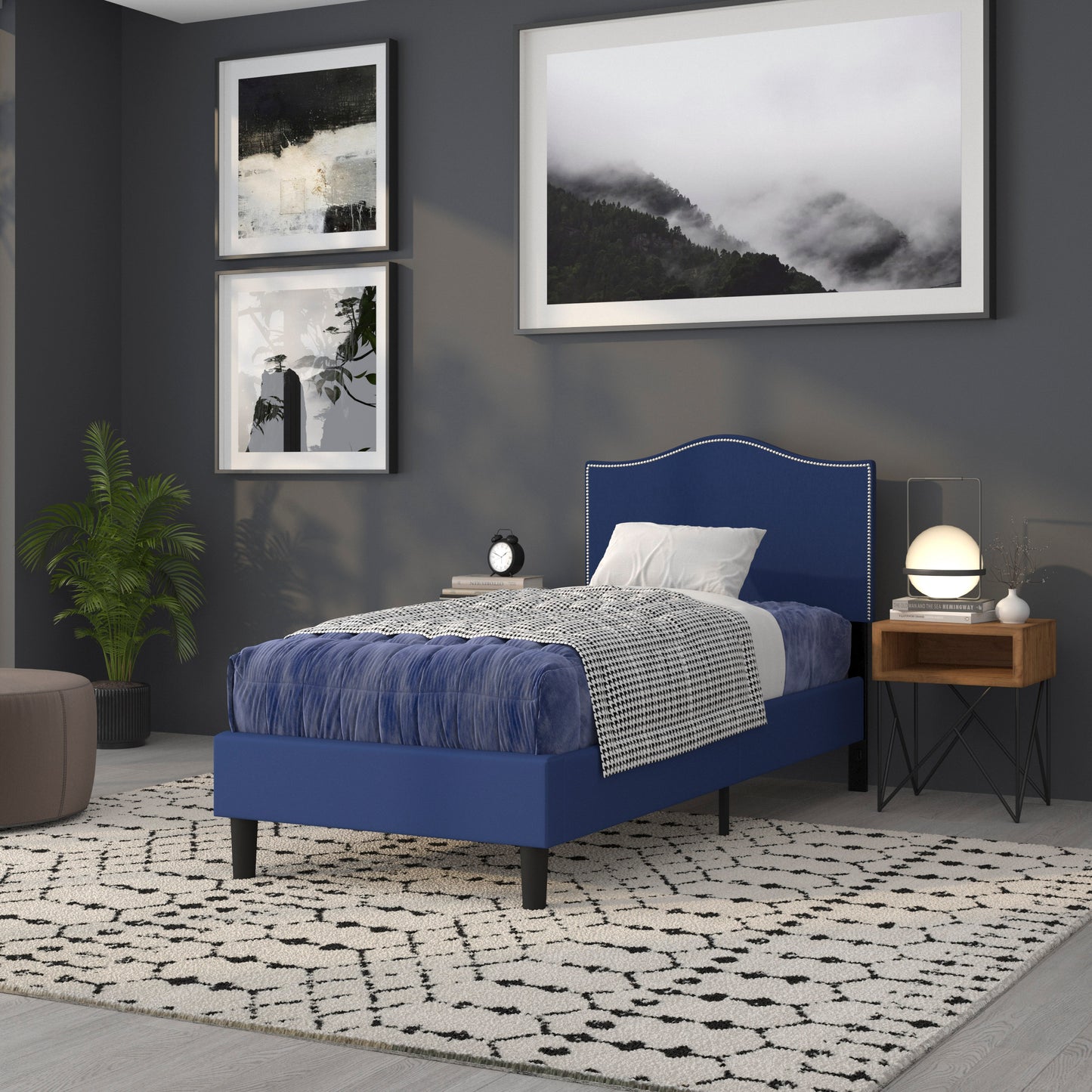 Lexington Upholstered Twin Size Headboard with Accent Nail Trim in Navy Fabric Navy