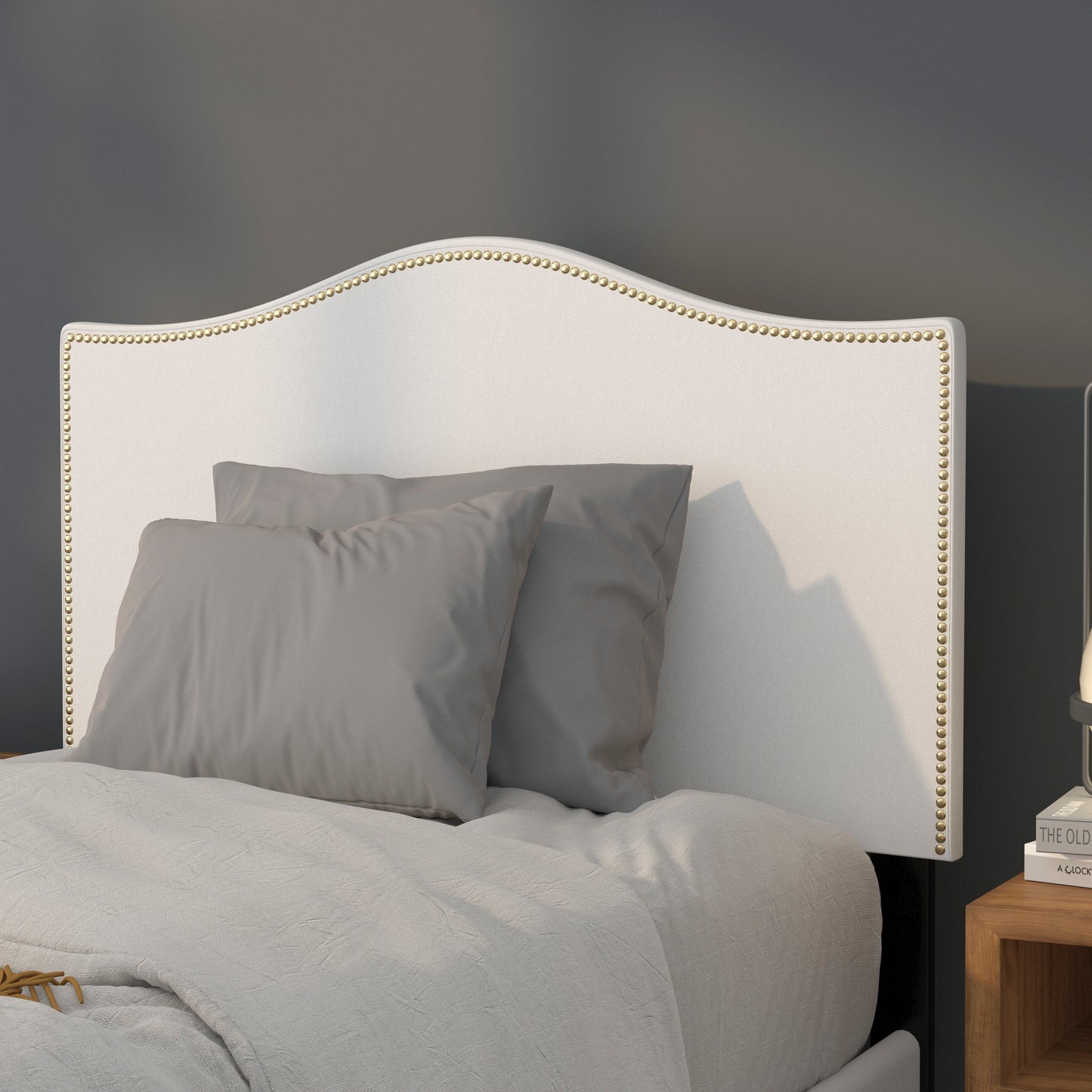 Lexington Upholstered Twin Size Headboard with Accent Nail Trim in White Fabric White