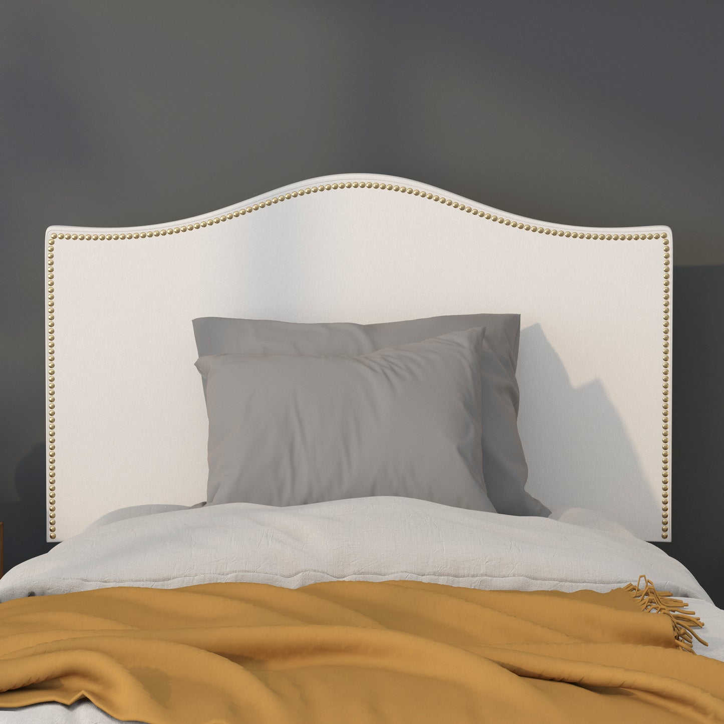 Lexington Upholstered Twin Size Headboard with Accent Nail Trim in White Fabric White