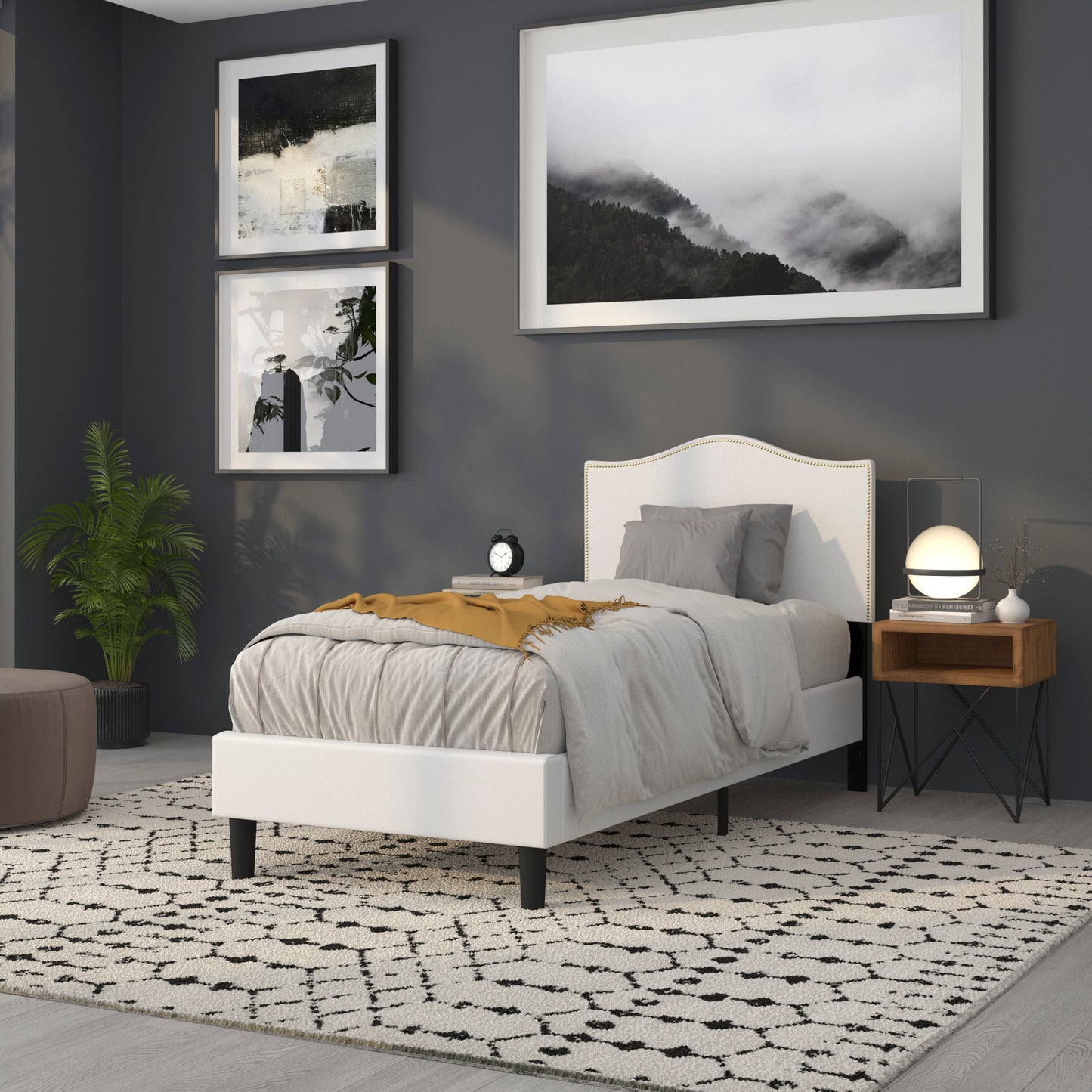 Lexington Upholstered Twin Size Headboard with Accent Nail Trim in White Fabric White
