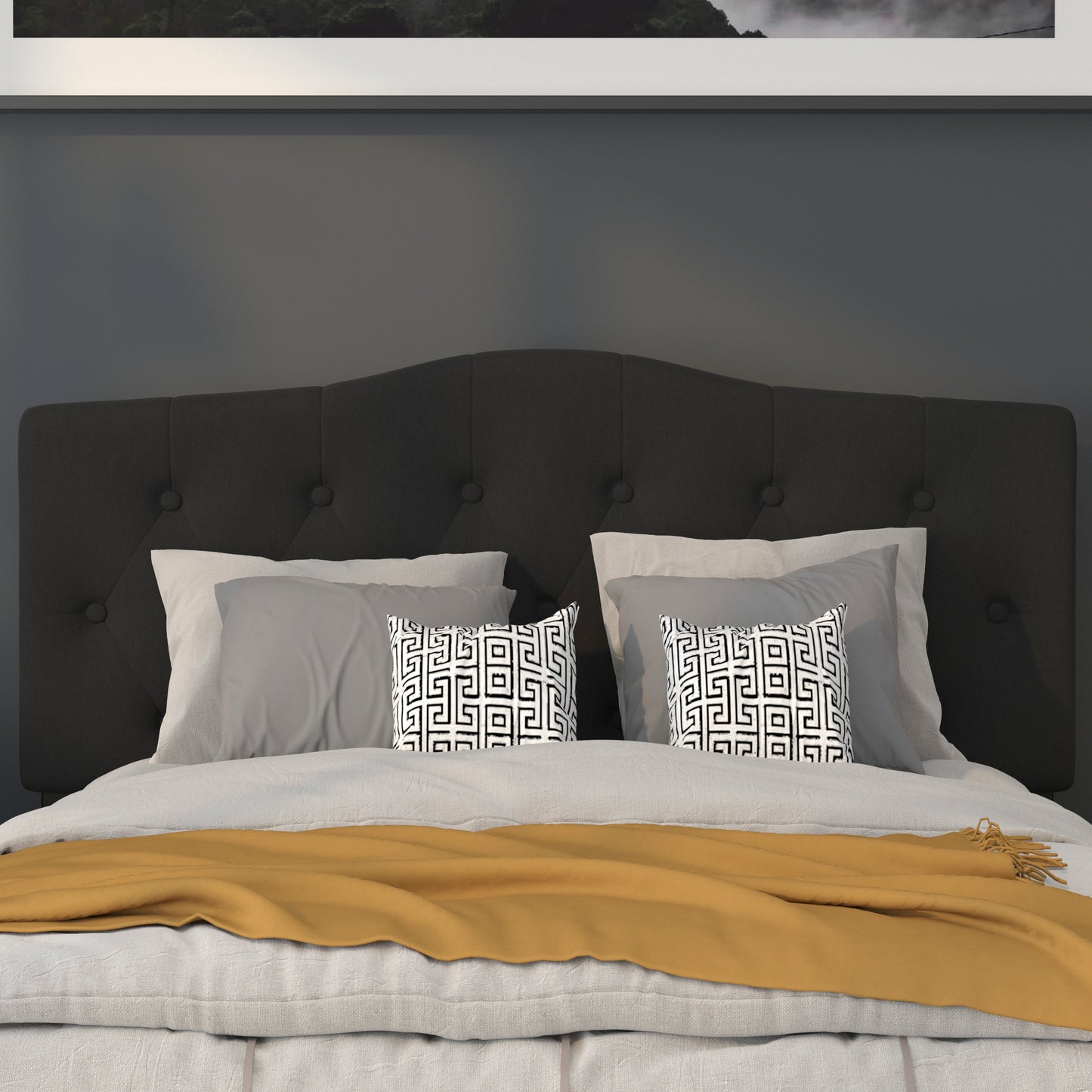 Cambridge Tufted Upholstered Full Size Headboard in Black Fabric Black