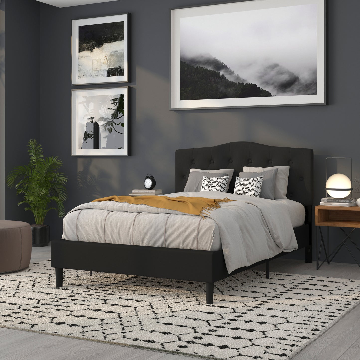 Cambridge Tufted Upholstered Full Size Headboard in Black Fabric Black