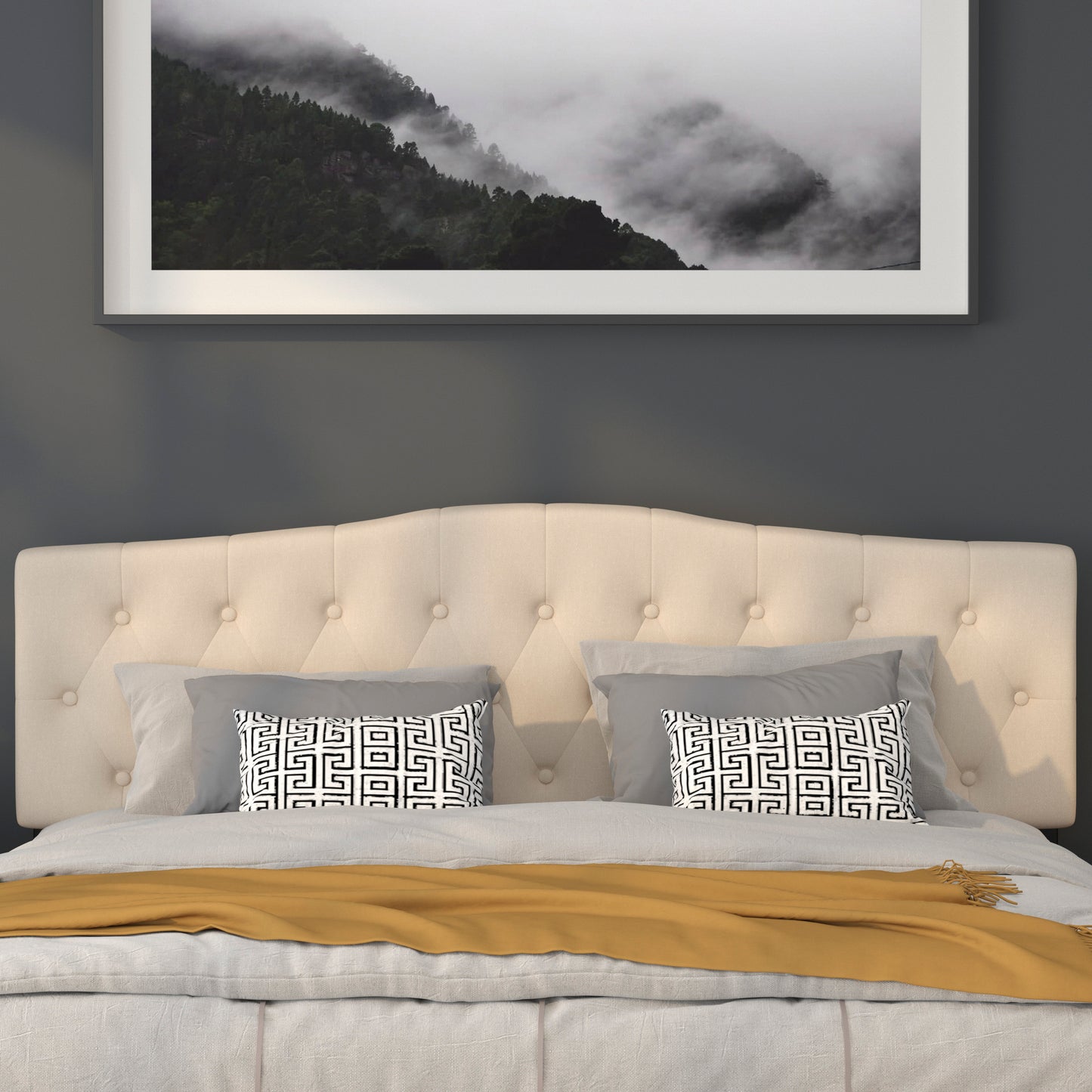 Cambridge Tufted Upholstered King Size Headboard in Beige Fabric Beige