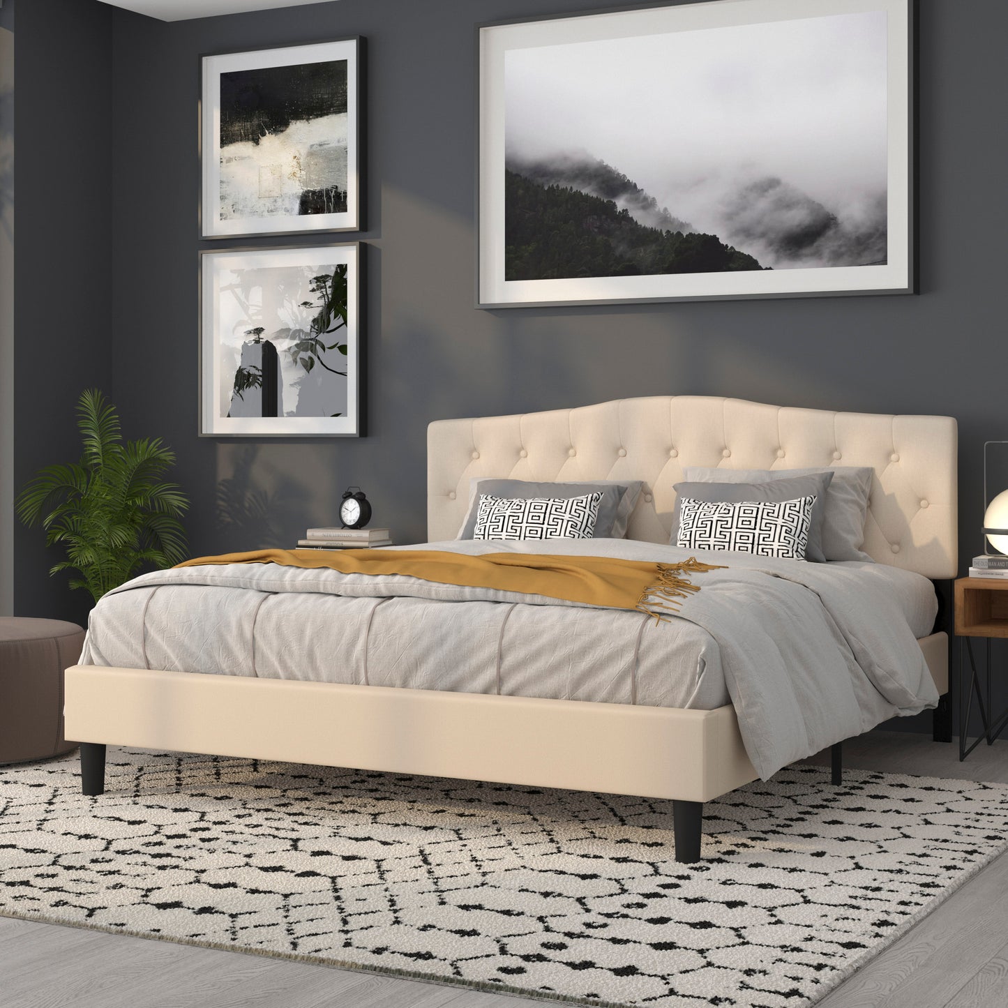 Cambridge Tufted Upholstered King Size Headboard in Beige Fabric Beige