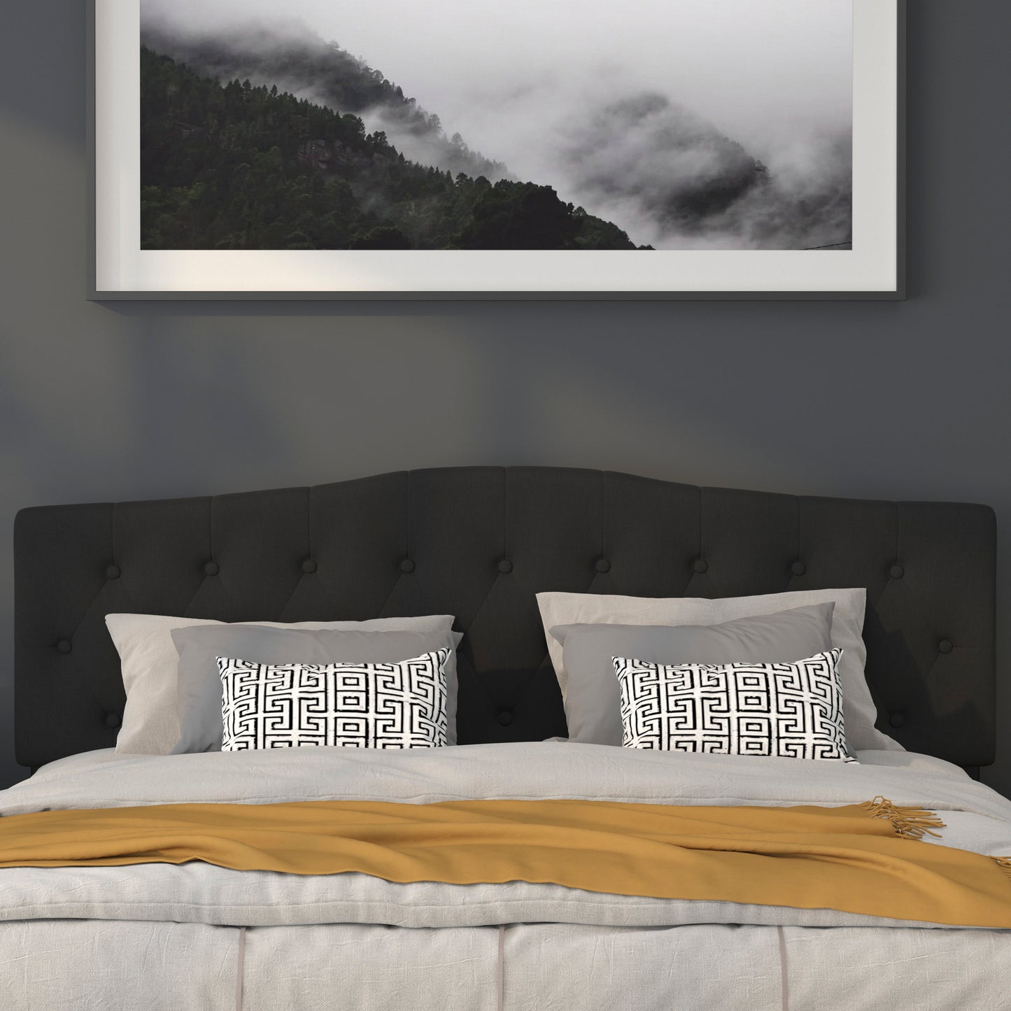 Cambridge Tufted Upholstered King Size Headboard in Black Fabric Black