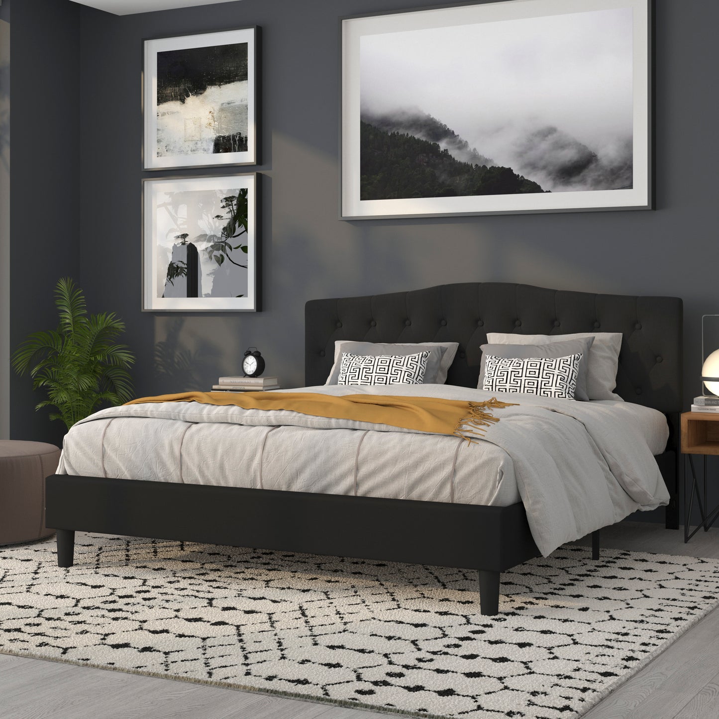 Cambridge Tufted Upholstered King Size Headboard in Black Fabric Black