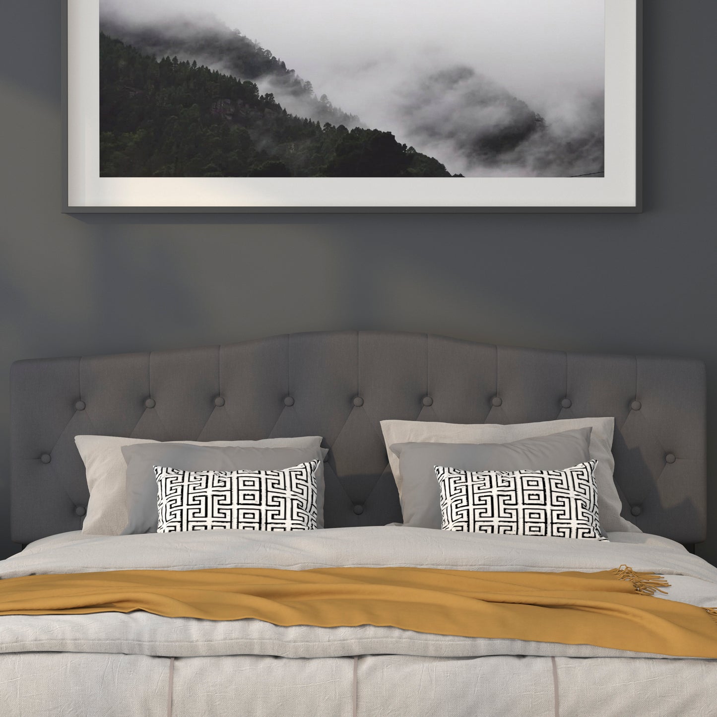 Cambridge Tufted Upholstered King Size Headboard in Dark Gray Fabric Dark Gray