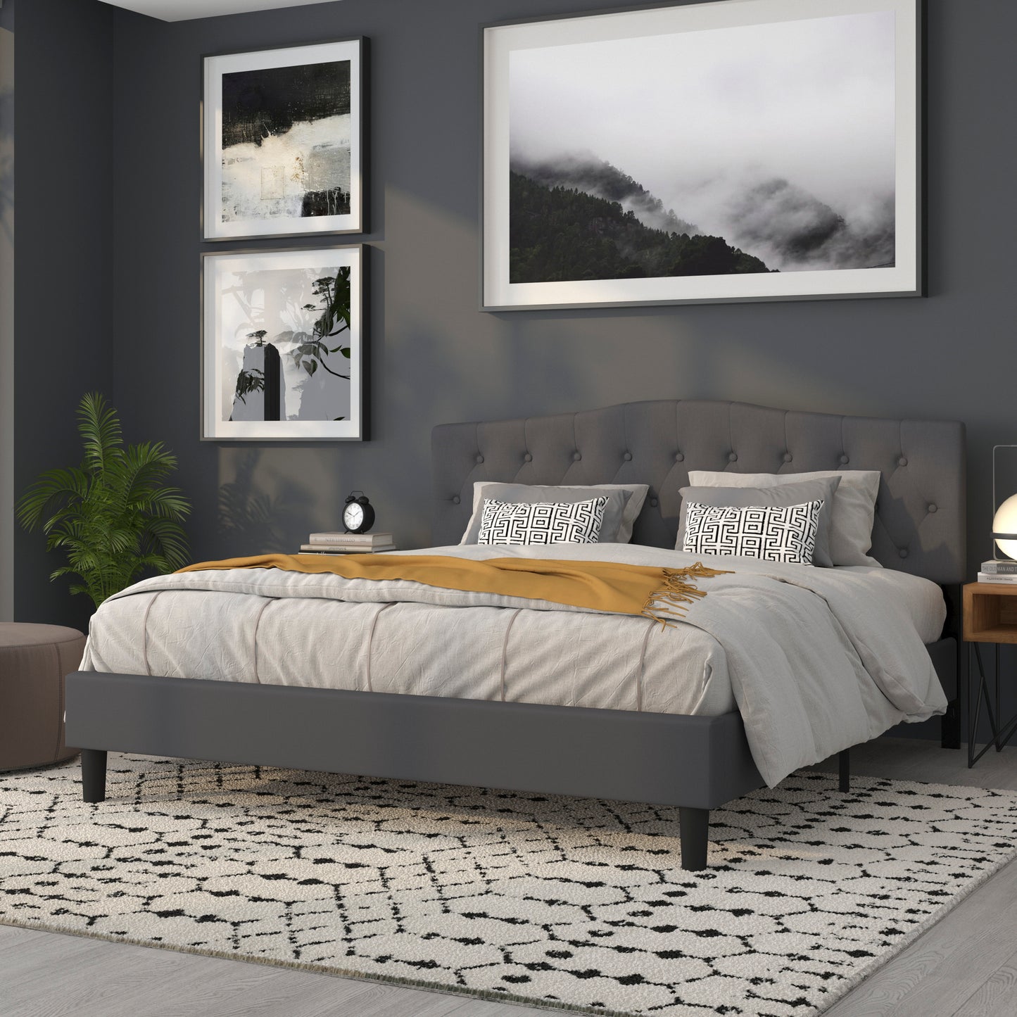 Cambridge Tufted Upholstered King Size Headboard in Dark Gray Fabric Dark Gray