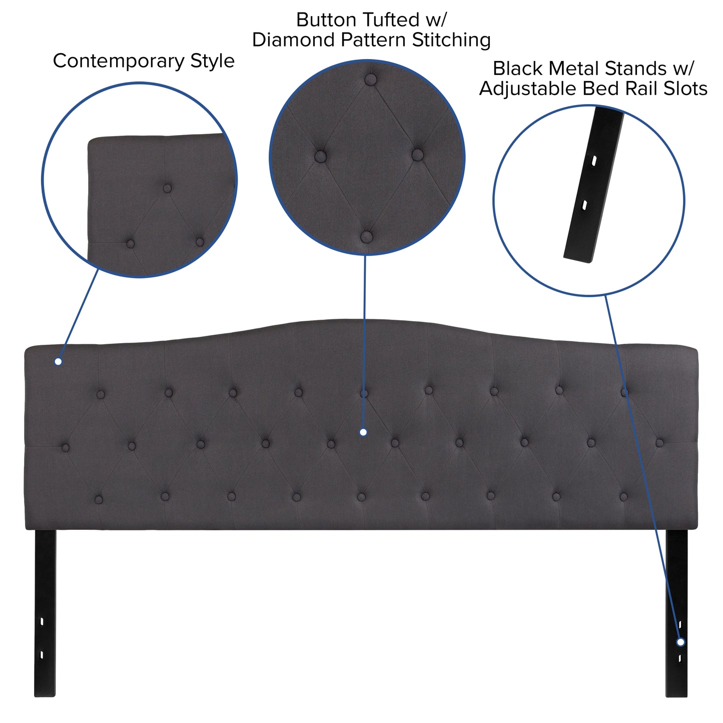 Cambridge Tufted Upholstered King Size Headboard in Dark Gray Fabric Dark Gray