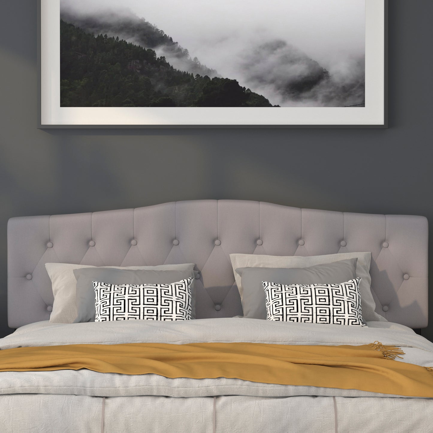 Cambridge Tufted Upholstered King Size Headboard in Light Gray Fabric Light Gray