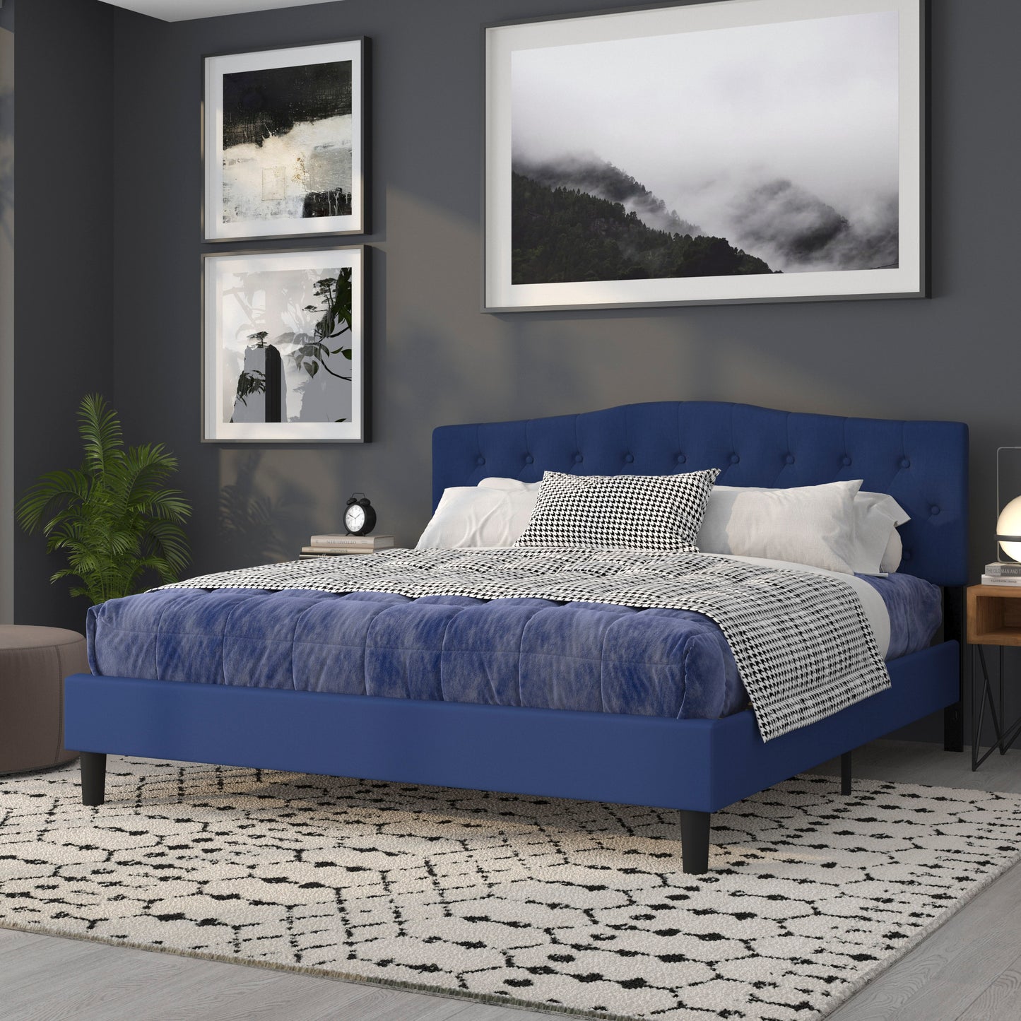 Cambridge Tufted Upholstered King Size Headboard in Navy Fabric Navy