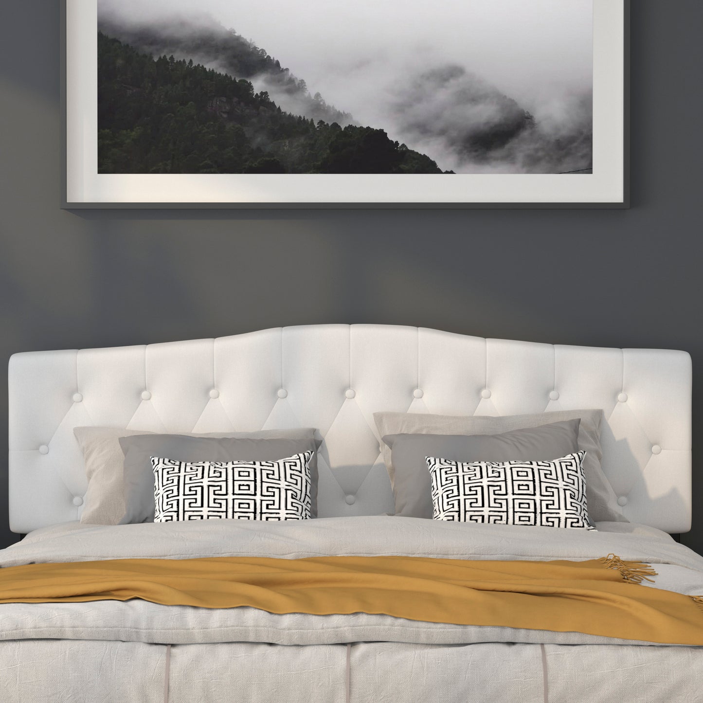 Cambridge Tufted Upholstered King Size Headboard in White Fabric White