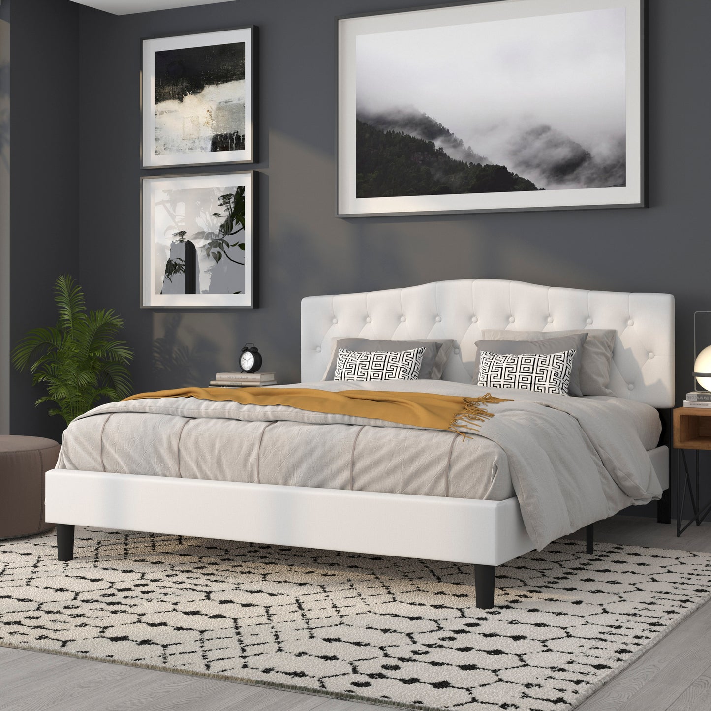 Cambridge Tufted Upholstered King Size Headboard in White Fabric White