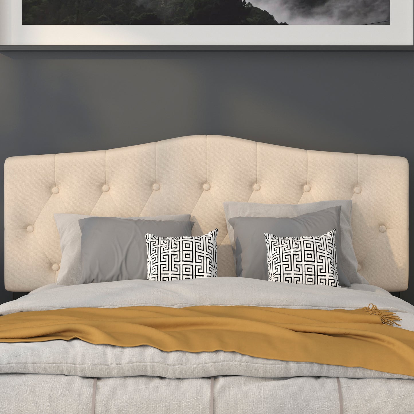 Cambridge Tufted Upholstered Queen Size Headboard in Beige Fabric Beige