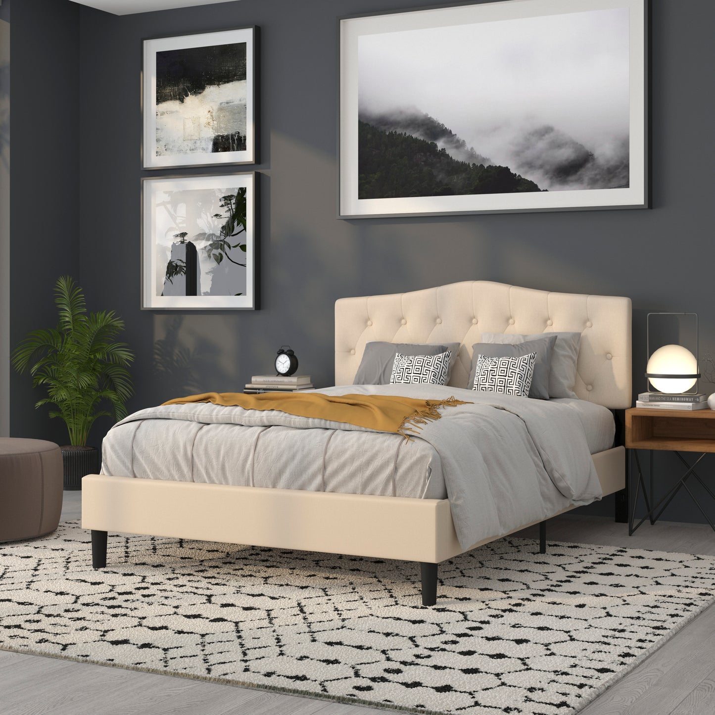Cambridge Tufted Upholstered Queen Size Headboard in Beige Fabric Beige