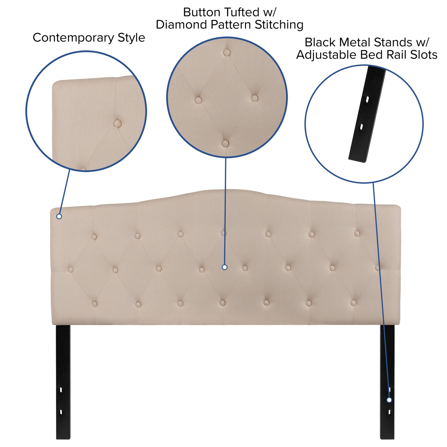 Cambridge Tufted Upholstered Queen Size Headboard in Beige Fabric Beige