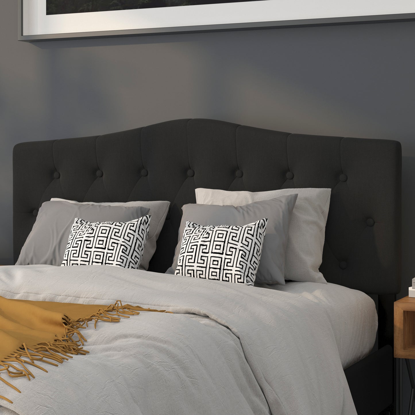 Cambridge Tufted Upholstered Queen Size Headboard in Black Fabric Black