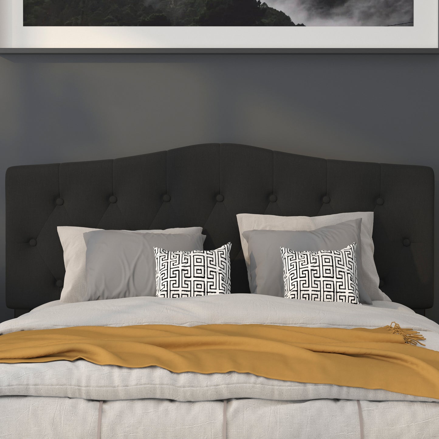 Cambridge Tufted Upholstered Queen Size Headboard in Black Fabric Black