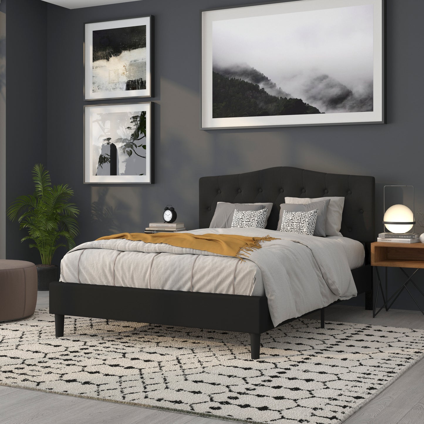 Cambridge Tufted Upholstered Queen Size Headboard in Black Fabric Black