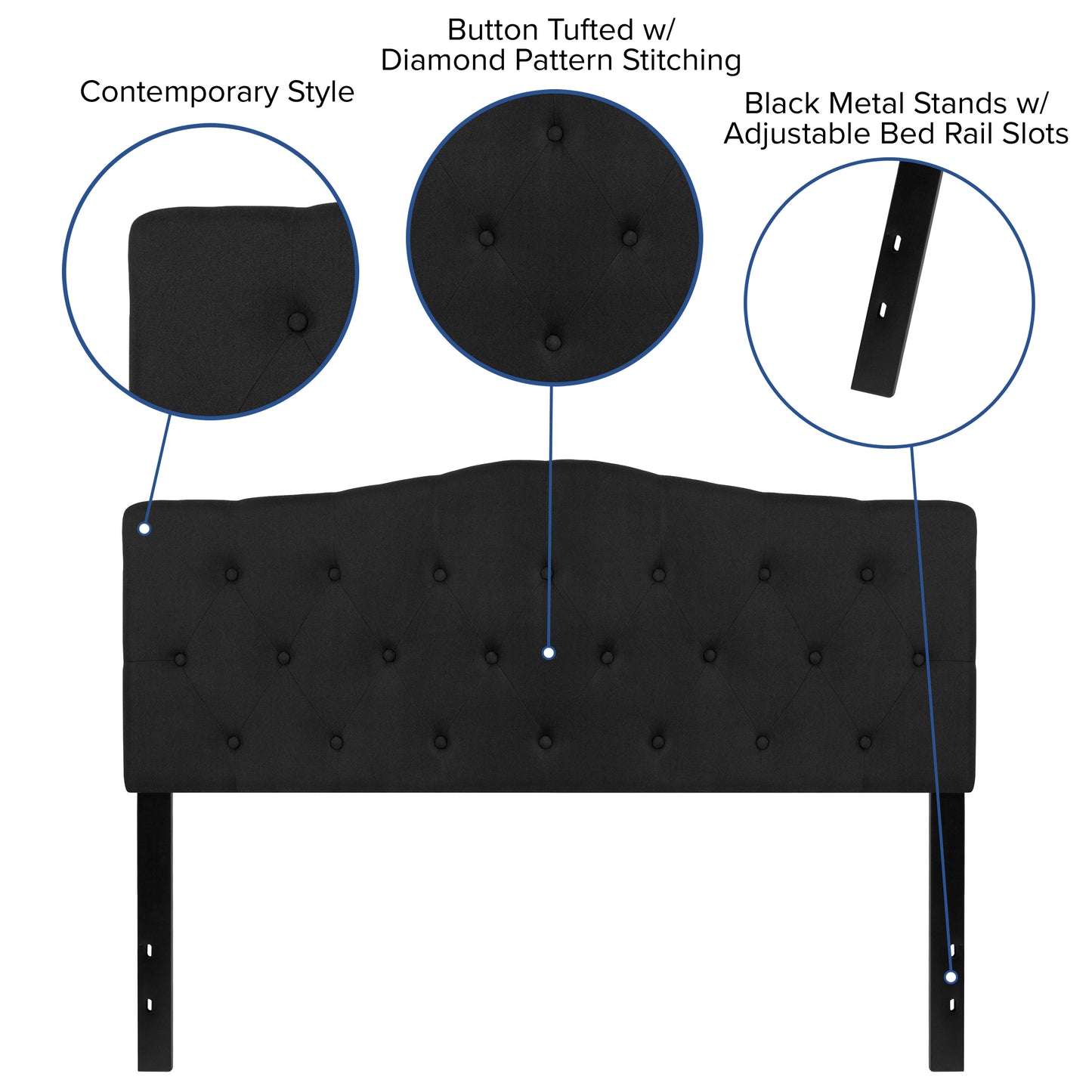 Cambridge Tufted Upholstered Queen Size Headboard in Black Fabric Black