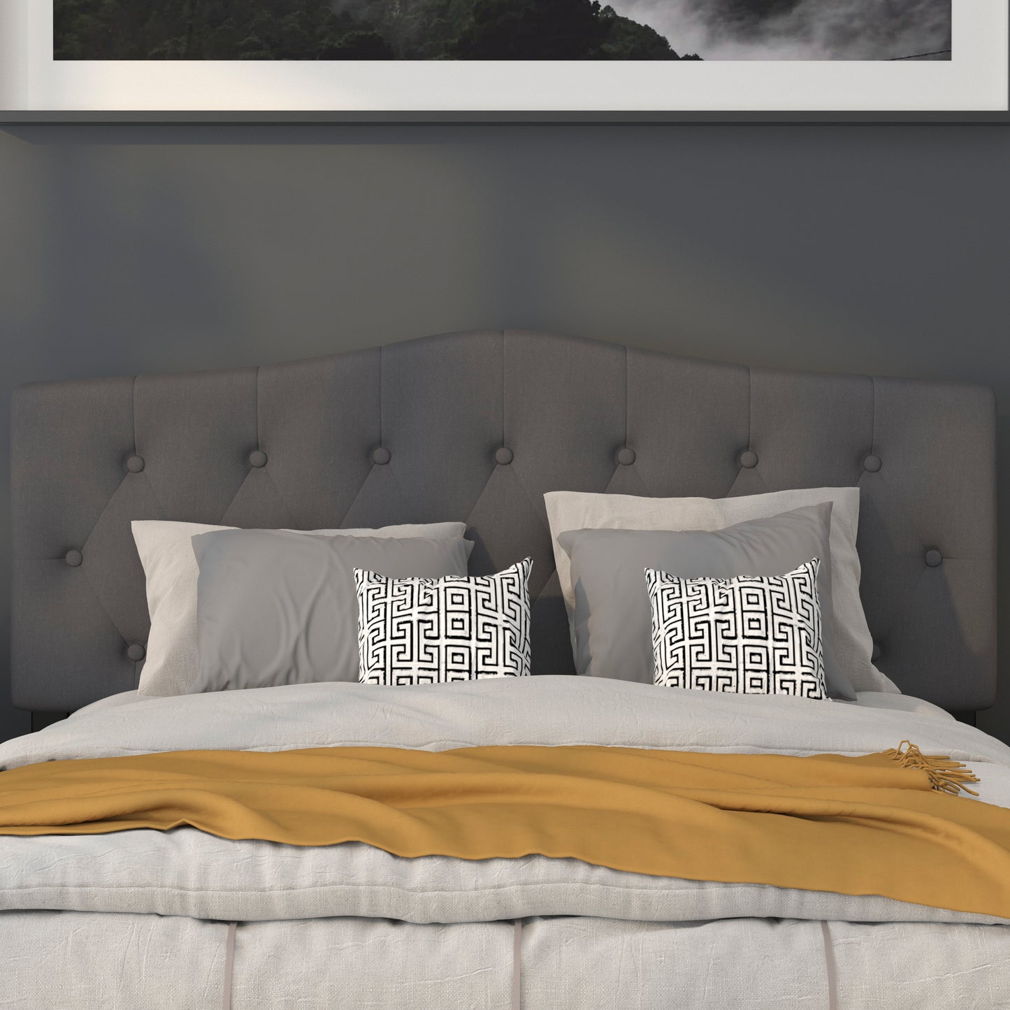 Cambridge Tufted Upholstered Queen Size Headboard in Dark Gray Fabric Dark Gray