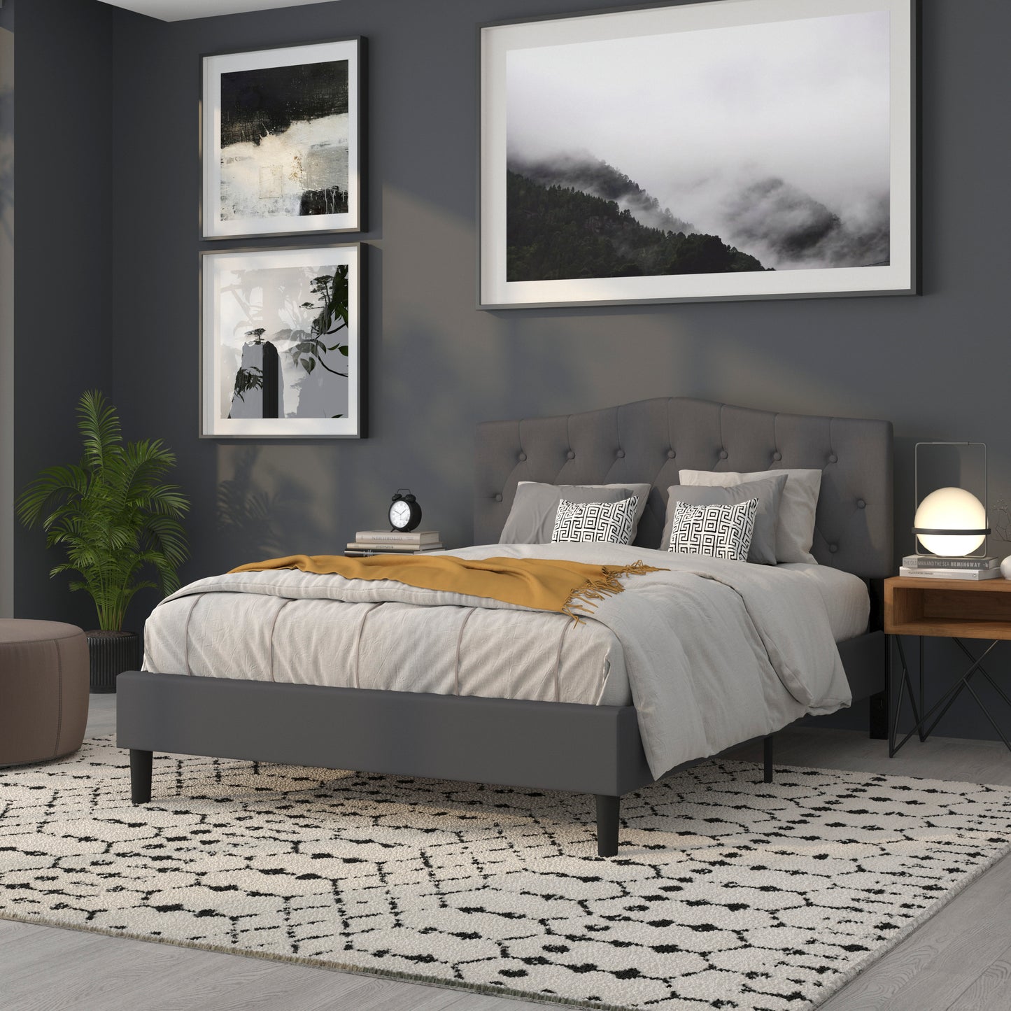 Cambridge Tufted Upholstered Queen Size Headboard in Dark Gray Fabric Dark Gray