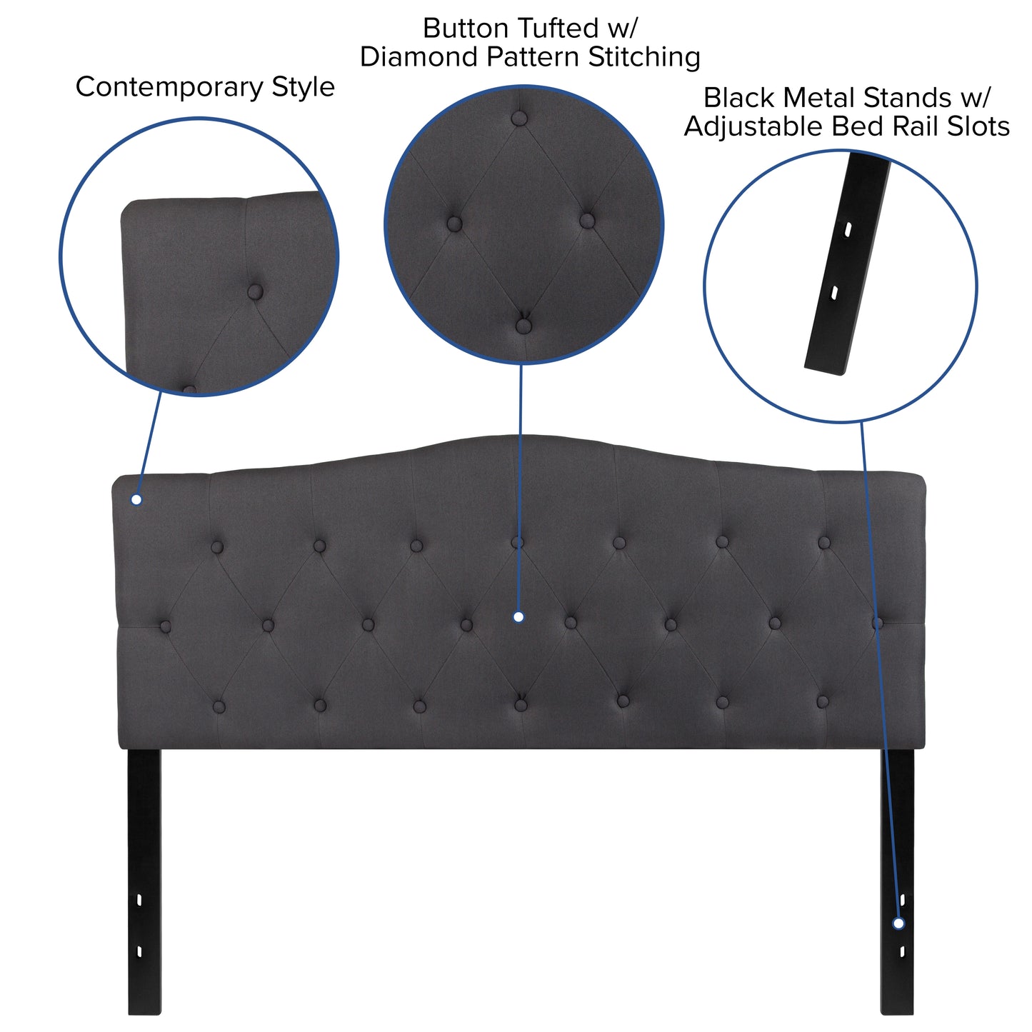 Cambridge Tufted Upholstered Queen Size Headboard in Dark Gray Fabric Dark Gray