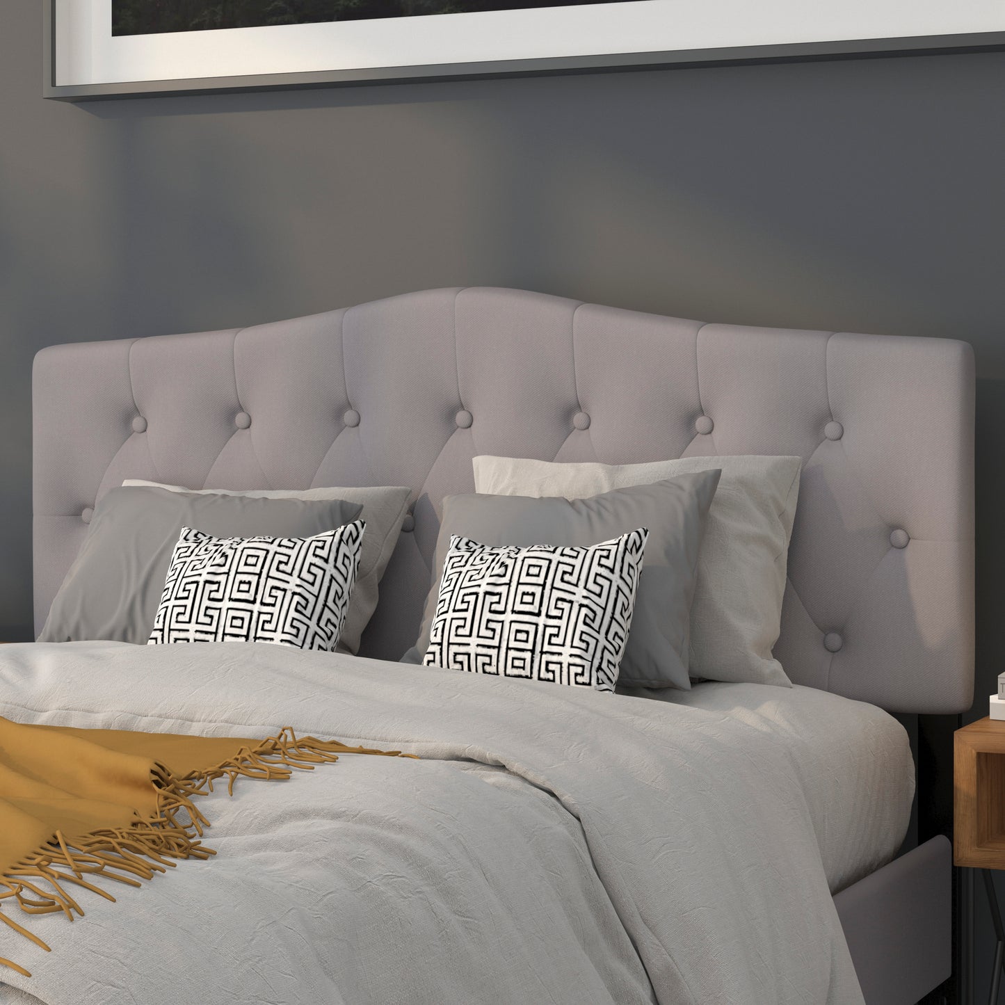 Cambridge Tufted Upholstered Queen Size Headboard in Light Gray Fabric Light Gray