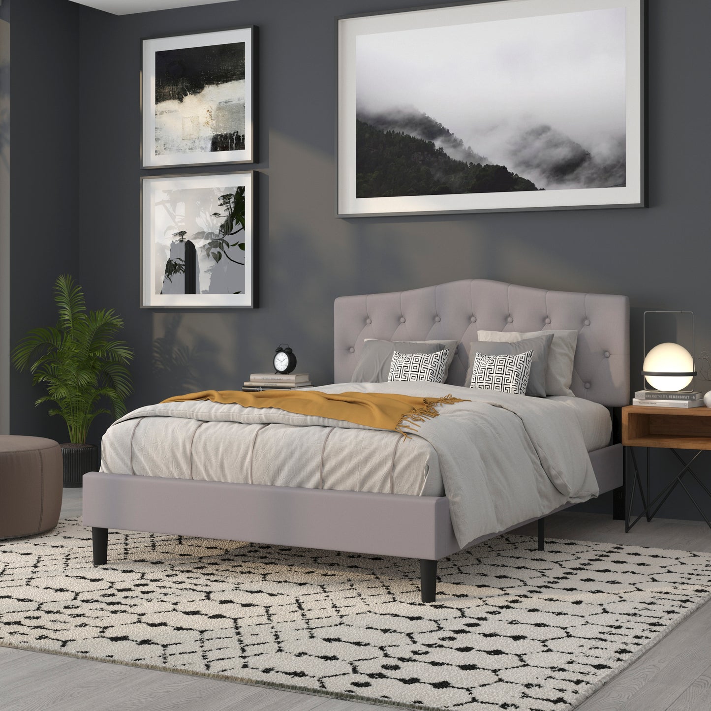 Cambridge Tufted Upholstered Queen Size Headboard in Light Gray Fabric Light Gray
