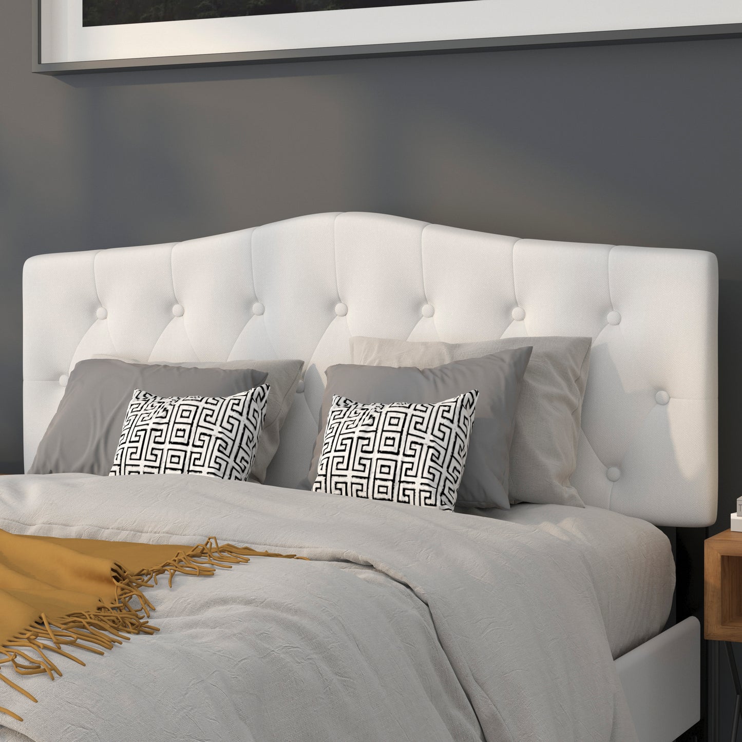 Cambridge Tufted Upholstered Queen Size Headboard in White Fabric White