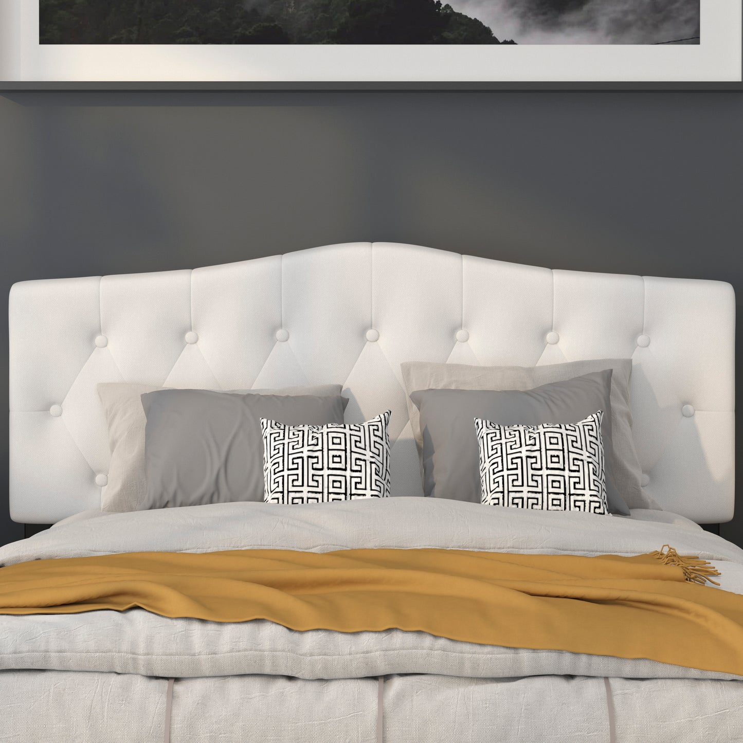 Cambridge Tufted Upholstered Queen Size Headboard in White Fabric White