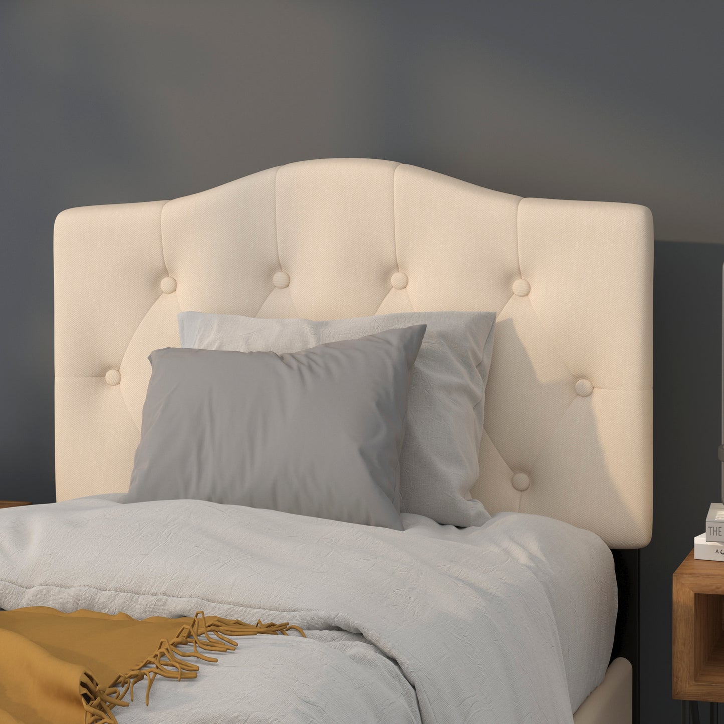 Cambridge Tufted Upholstered Twin Size Headboard in Beige Fabric Beige