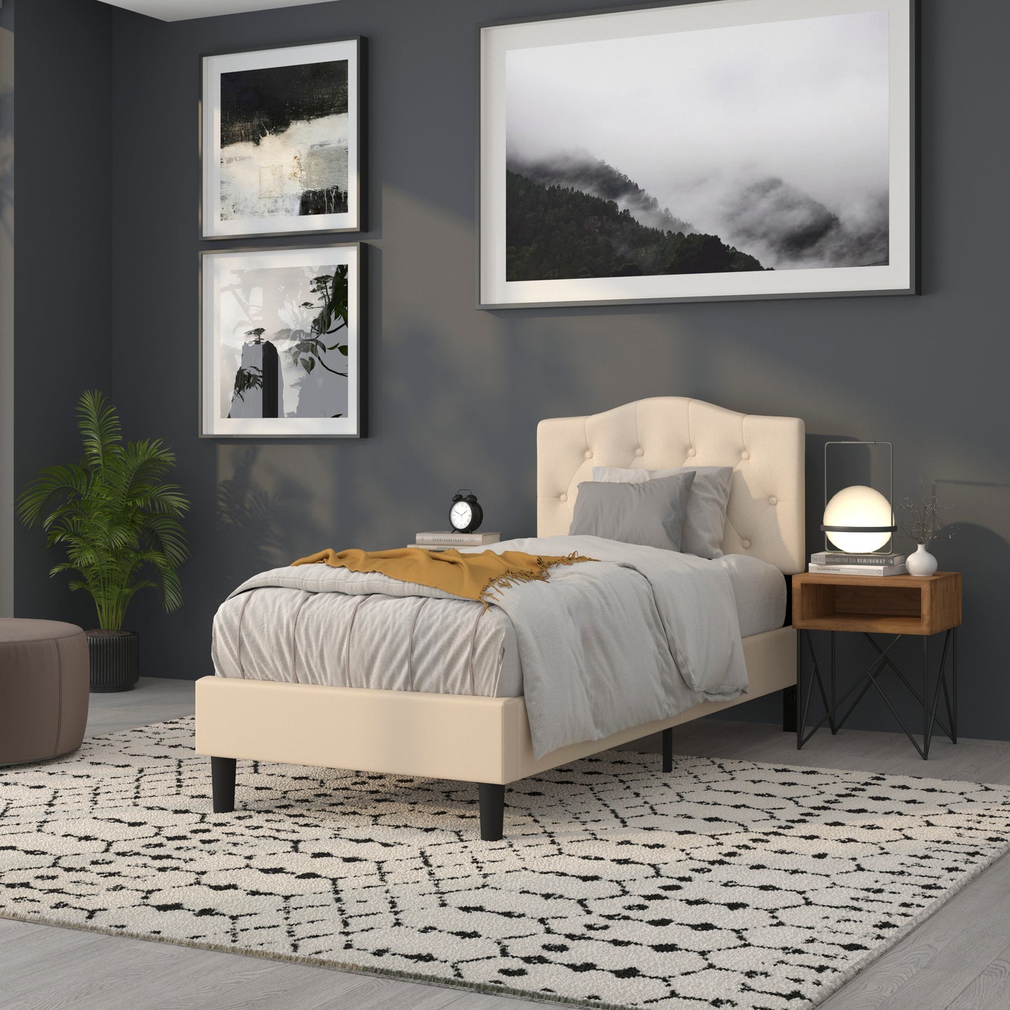 Cambridge Tufted Upholstered Twin Size Headboard in Beige Fabric Beige