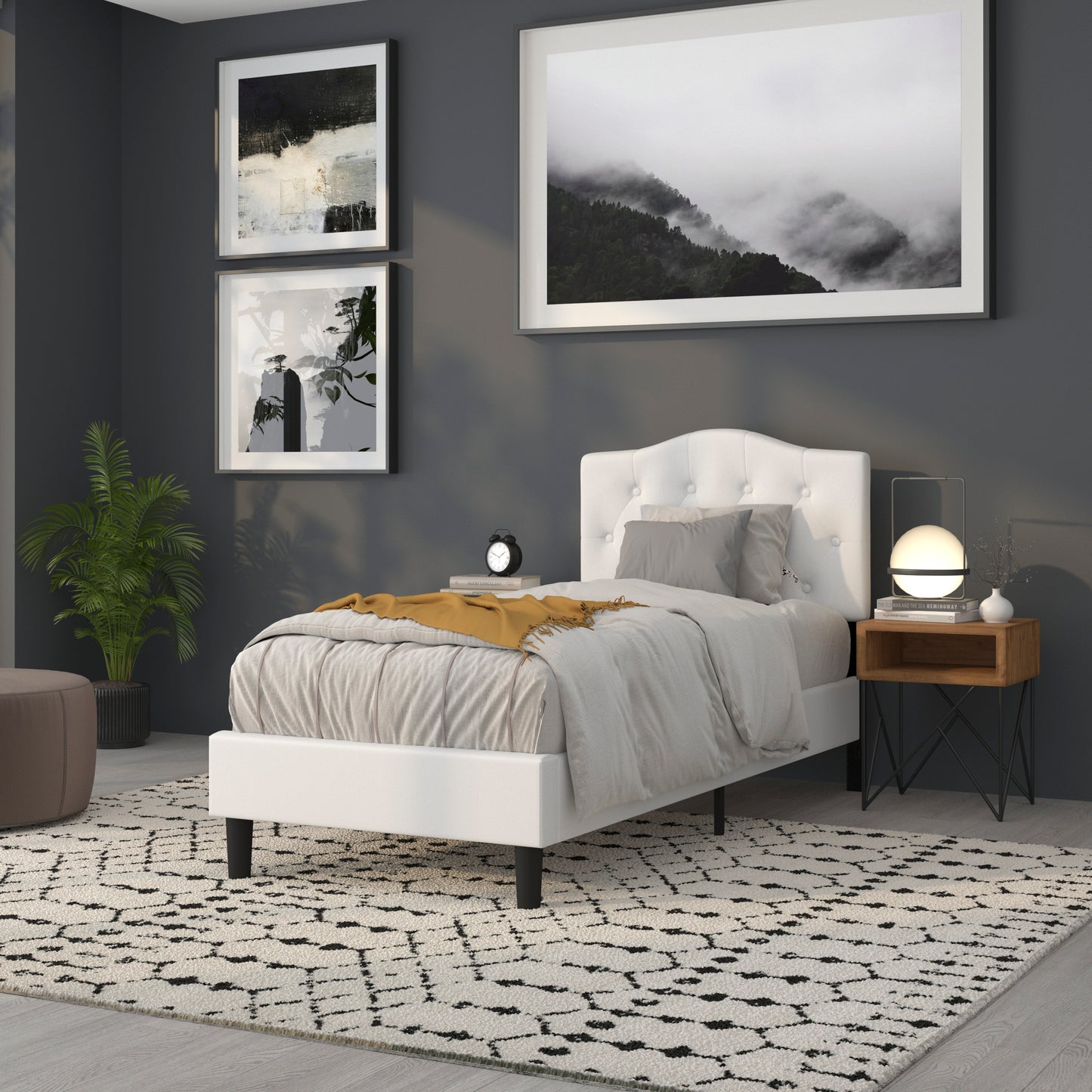 Cambridge Tufted Upholstered Twin Size Headboard in White Fabric White