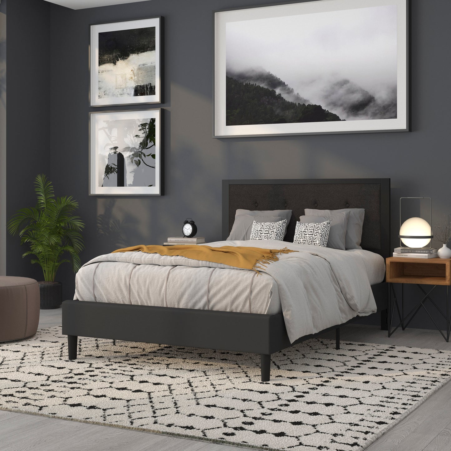 Bristol Metal Tufted Upholstered Full Size Headboard in Black Fabric Black