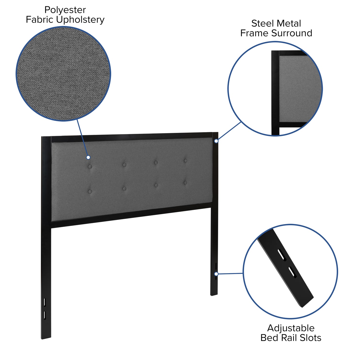Bristol Metal Tufted Upholstered Full Size Headboard in Dark Gray Fabric Dark Gray