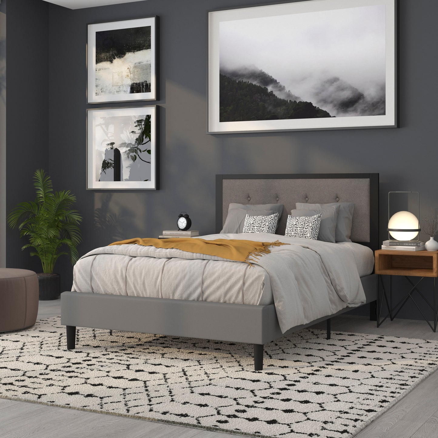 Bristol Metal Tufted Upholstered Full Size Headboard in Dark Gray Fabric Dark Gray