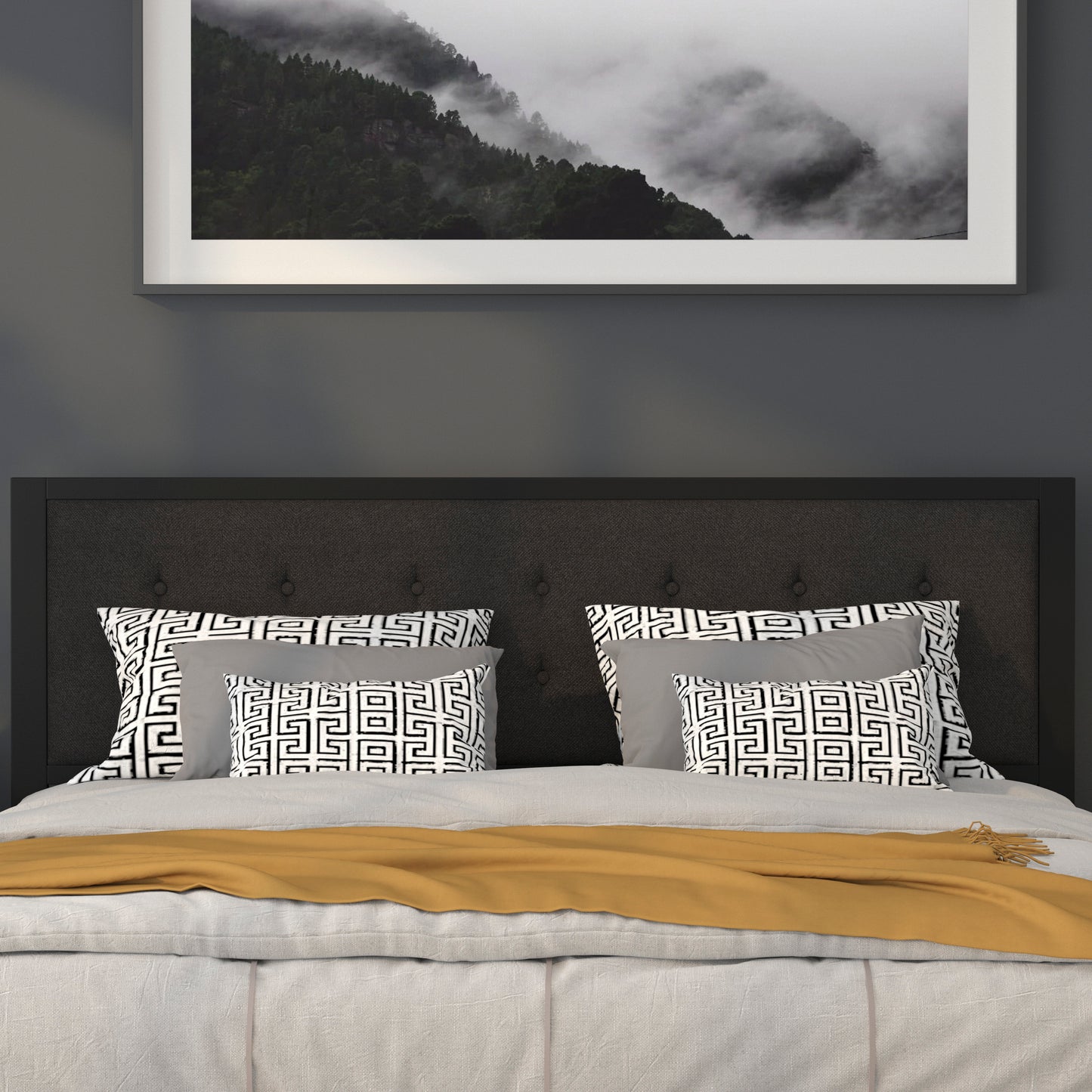 Bristol Metal Tufted Upholstered King Size Headboard in Black Fabric Black