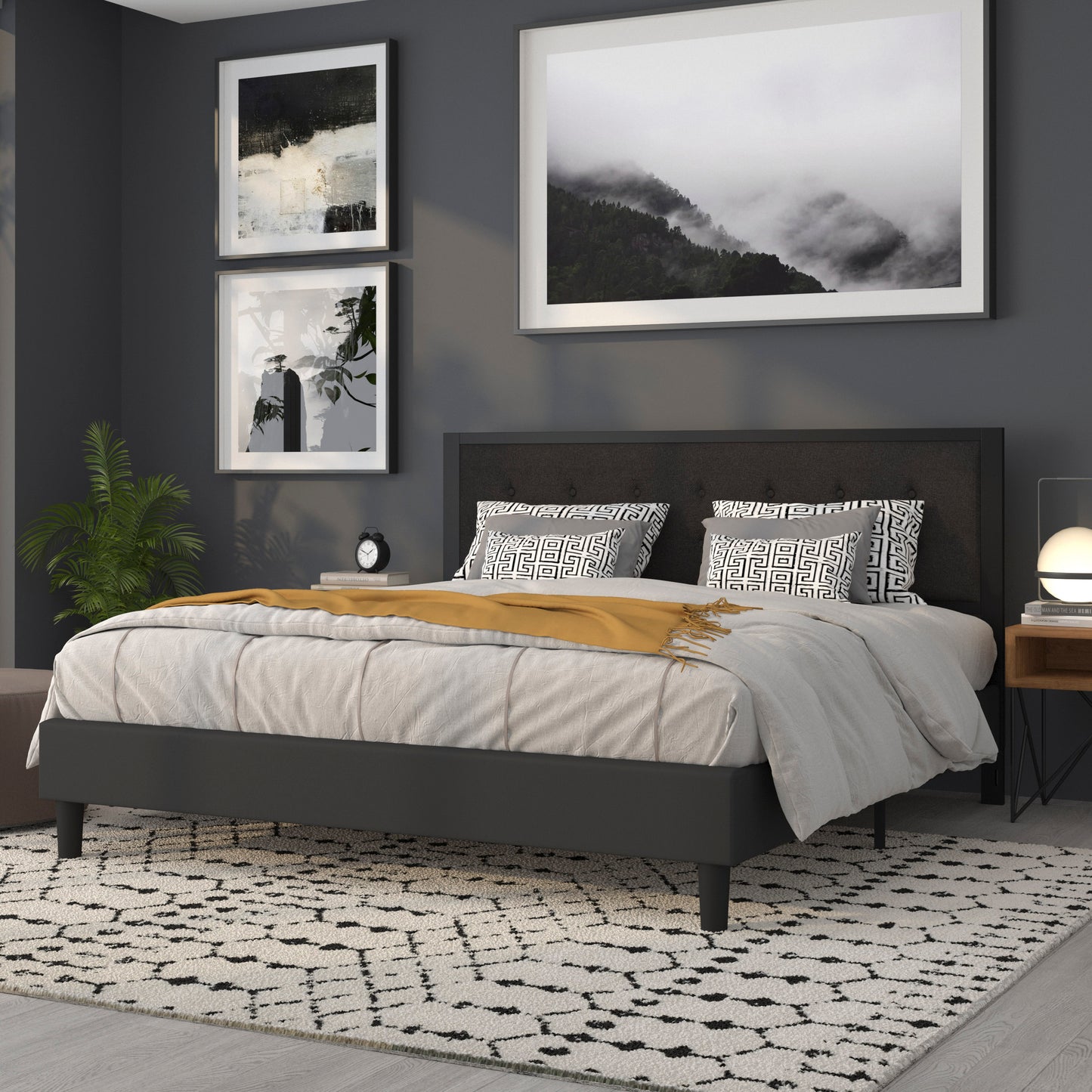 Bristol Metal Tufted Upholstered King Size Headboard in Black Fabric Black