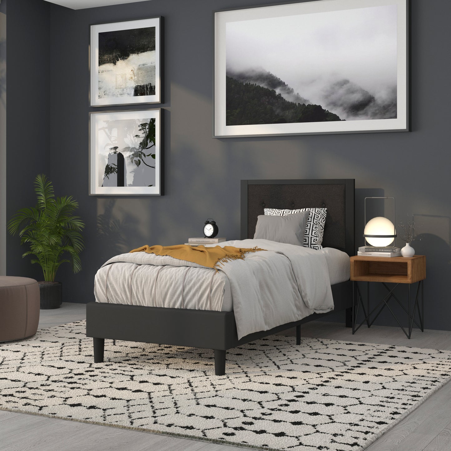 Bristol Metal Tufted Upholstered Twin Size Headboard in Black Fabric Black
