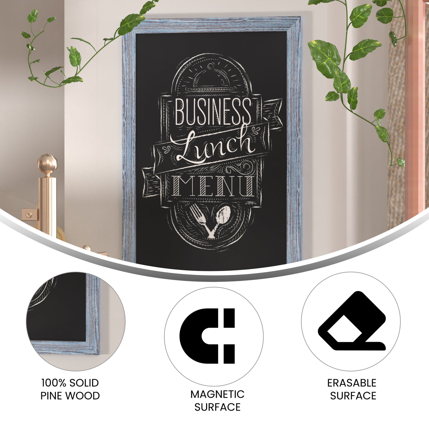 Canterbury 24" x 36" Rustic Blue Wall Mount Magnetic Chalkboard Sign with Eraser, Hanging Wall Chalkboard Memo Board for Home, School, or Business Blue HGWA-1GD-CRE8-072315-GG