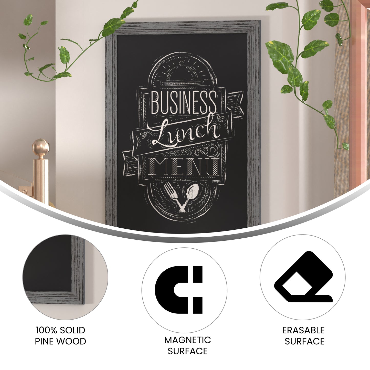 Canterbury 24" x 36" Rustic Gray Wall Mount Magnetic Chalkboard Sign with Eraser, Hanging Wall Chalkboard Memo Board for Home, School, or Business Grey HGWA-5GD-CRE8-272315-GG