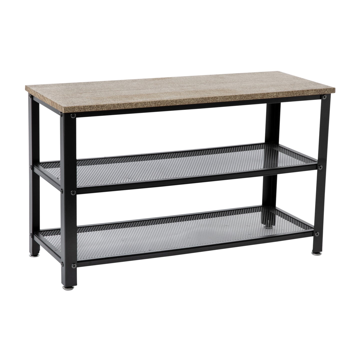 Easton 3-Tier Wooden Entryway Bench with Metal Mesh Shoe Storage Shelves for Entryway, Mudroom, or Bedroom in Weathered Wood with Black Metal Frame Weathered Brown