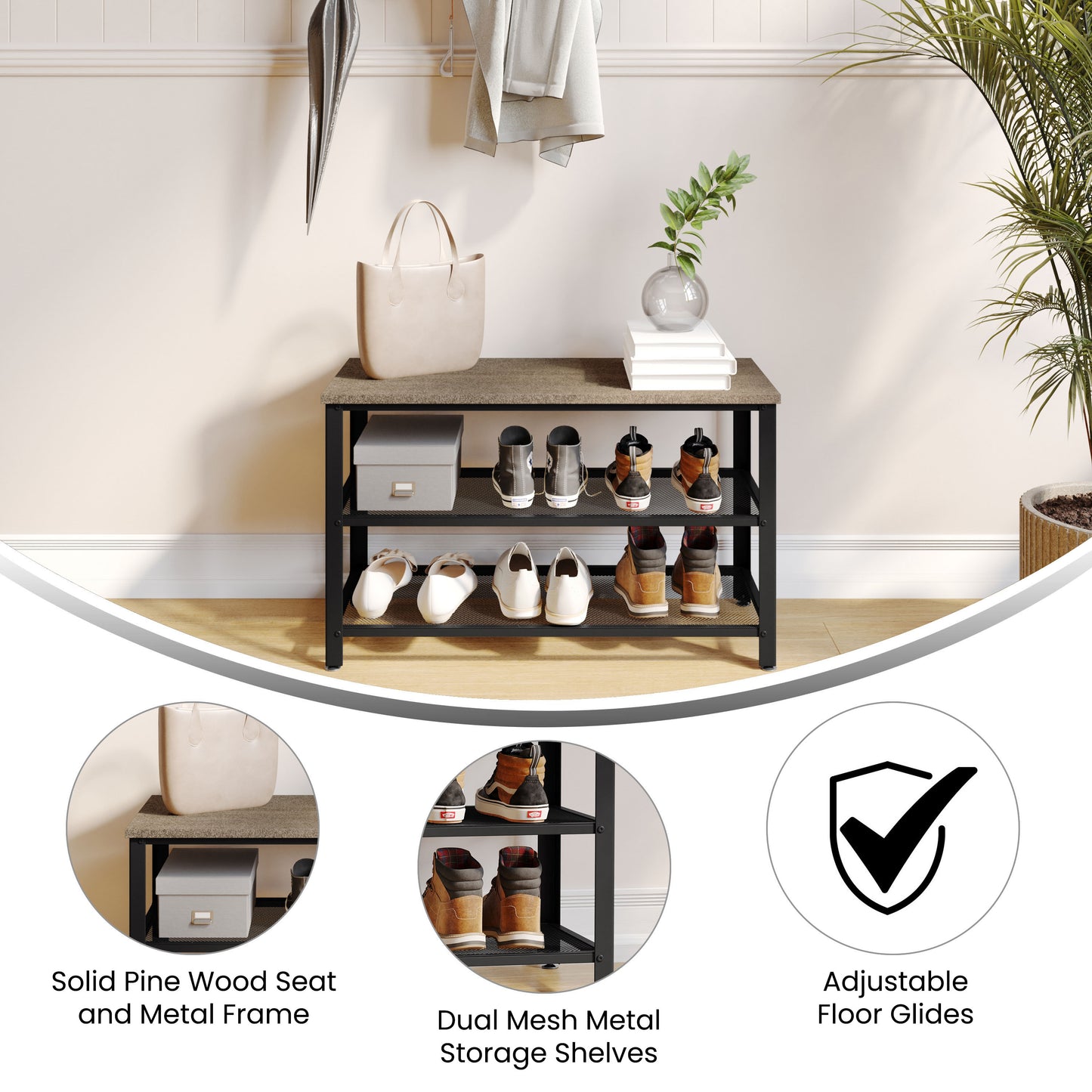 Easton 3-Tier Wooden Entryway Bench with Metal Mesh Shoe Storage Shelves for Entryway, Mudroom, or Bedroom in Weathered Wood with Black Metal Frame Weathered Brown
