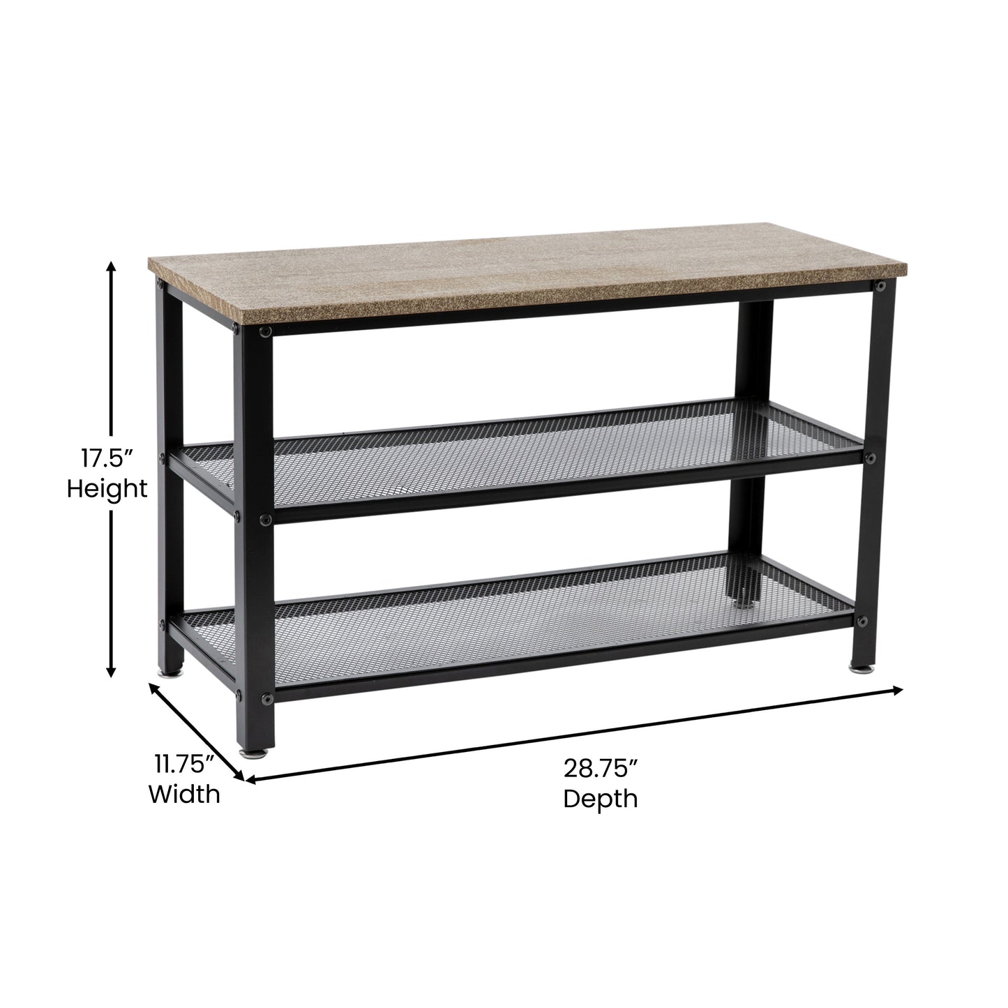 Easton 3-Tier Wooden Entryway Bench with Metal Mesh Shoe Storage Shelves for Entryway, Mudroom, or Bedroom in Weathered Wood with Black Metal Frame Weathered Brown