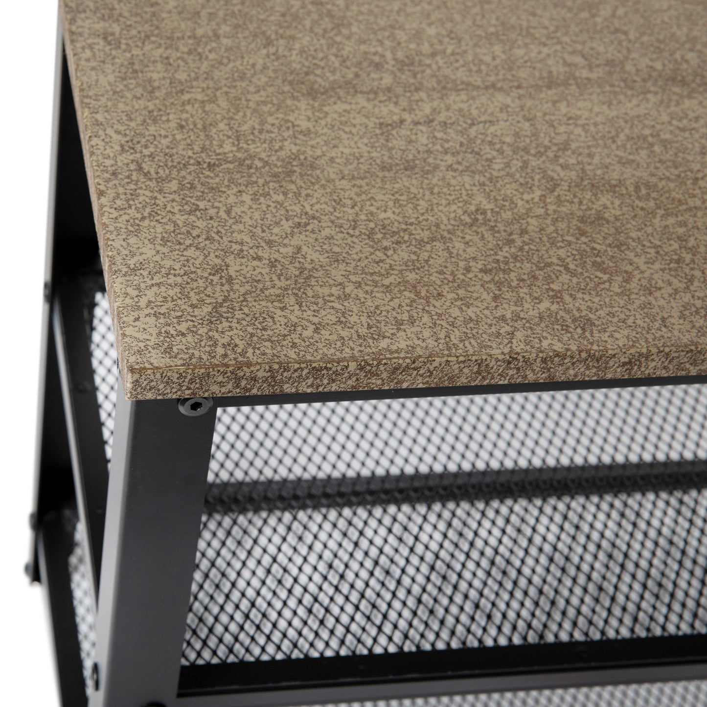 Easton 3-Tier Wooden Entryway Bench with Metal Mesh Shoe Storage Shelves for Entryway, Mudroom, or Bedroom in Weathered Wood with Black Metal Frame Weathered Brown