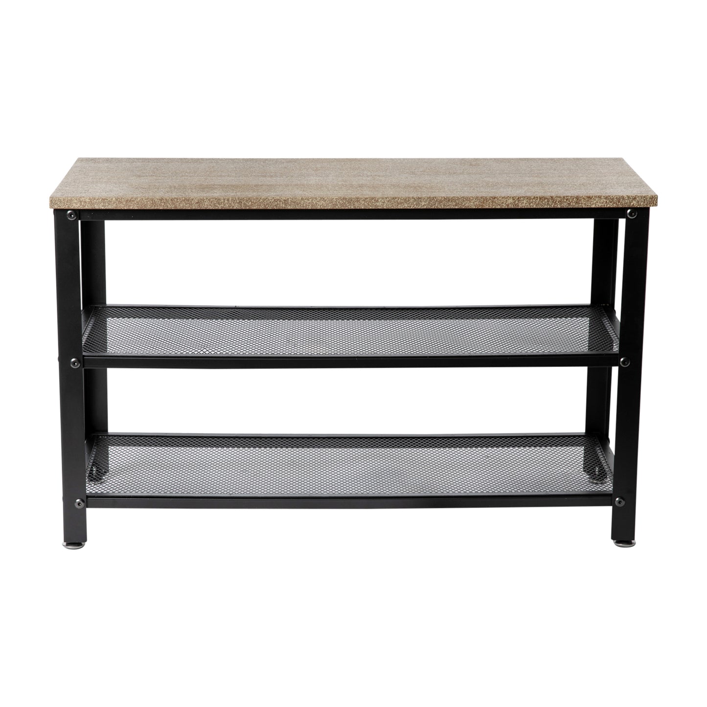 Easton 3-Tier Wooden Entryway Bench with Metal Mesh Shoe Storage Shelves for Entryway, Mudroom, or Bedroom in Weathered Wood with Black Metal Frame Weathered Brown