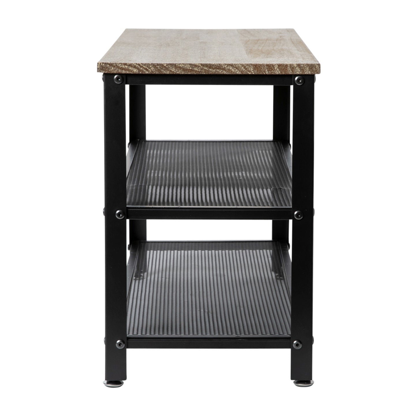 Easton 3-Tier Wooden Entryway Bench with Metal Mesh Shoe Storage Shelves for Entryway, Mudroom, or Bedroom in Weathered Wood with Black Metal Frame Weathered Brown