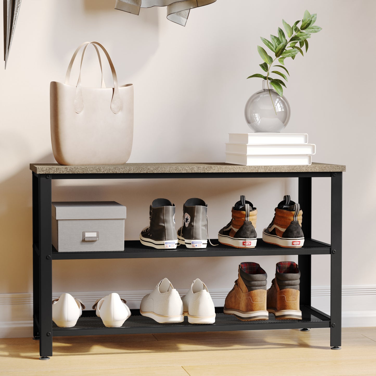 Easton 3-Tier Wooden Entryway Bench with Metal Mesh Shoe Storage Shelves for Entryway, Mudroom, or Bedroom in Weathered Wood with Black Metal Frame Weathered Brown